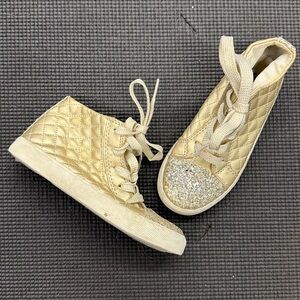 Gold Quilted High-Top Sneakers with Glitter Toe